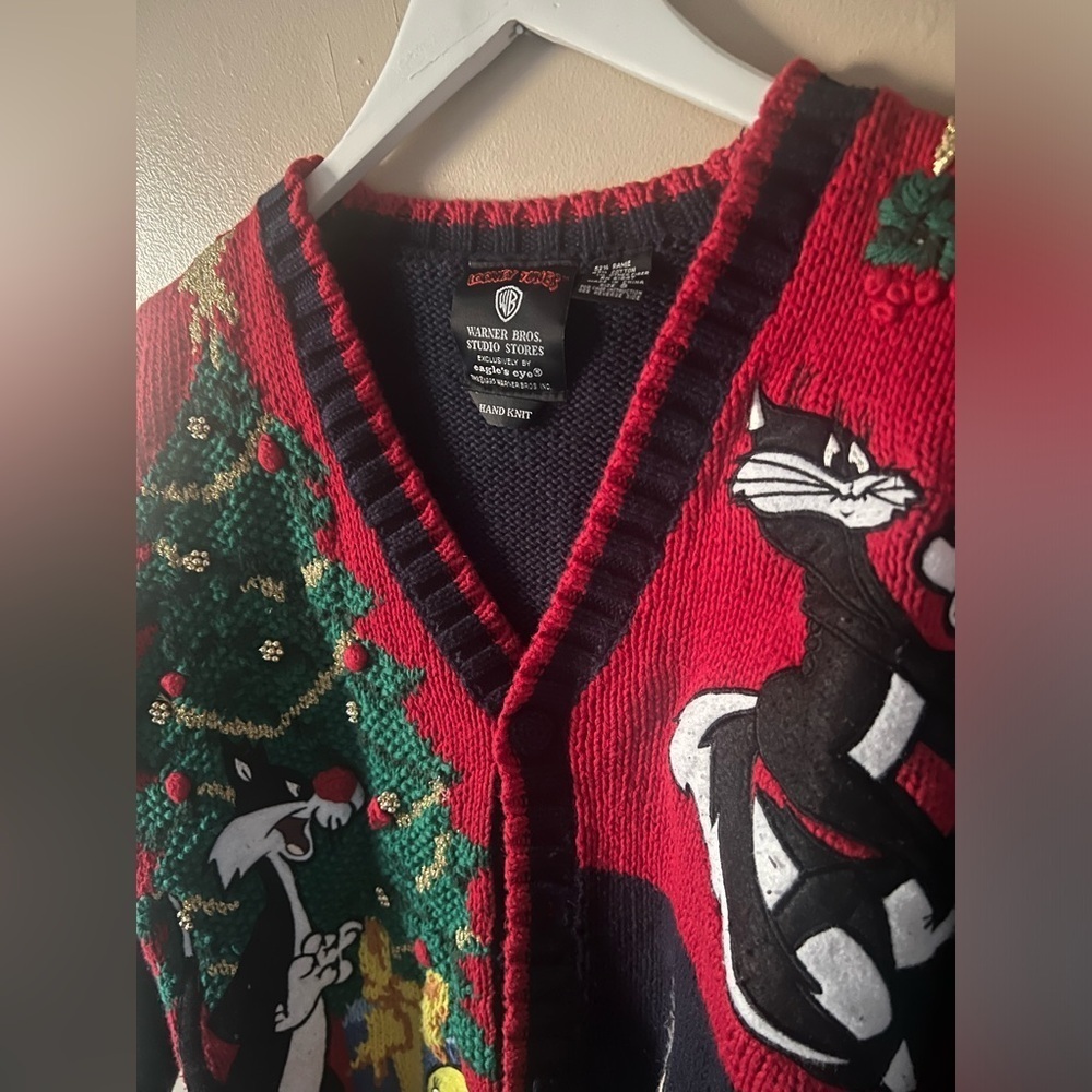 VINTAGE 1995 LOONEY TUNES/WARNER BROS.EAGLES EYE HAND KNIT XMAS SWEATER SIZE S - Picture 6 of 12